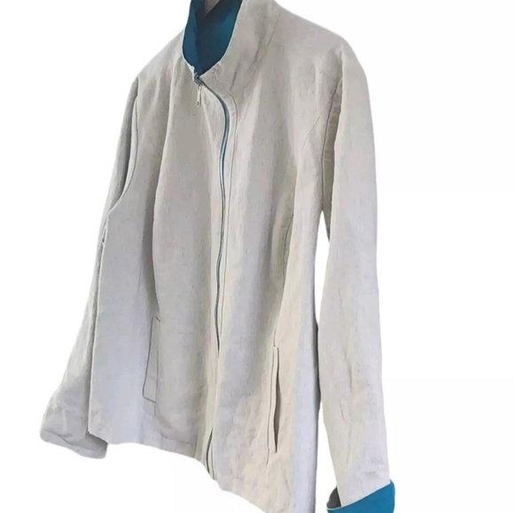 Lafayette 148 Linen Blend Reversible Jacket Full Zip Cream Turquois Womens 22 - Picture 4 of 12